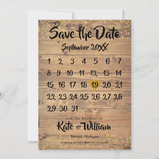Save The Date Rustic Wood Gold Love Heart Calendrier Enregistrer (Devant)