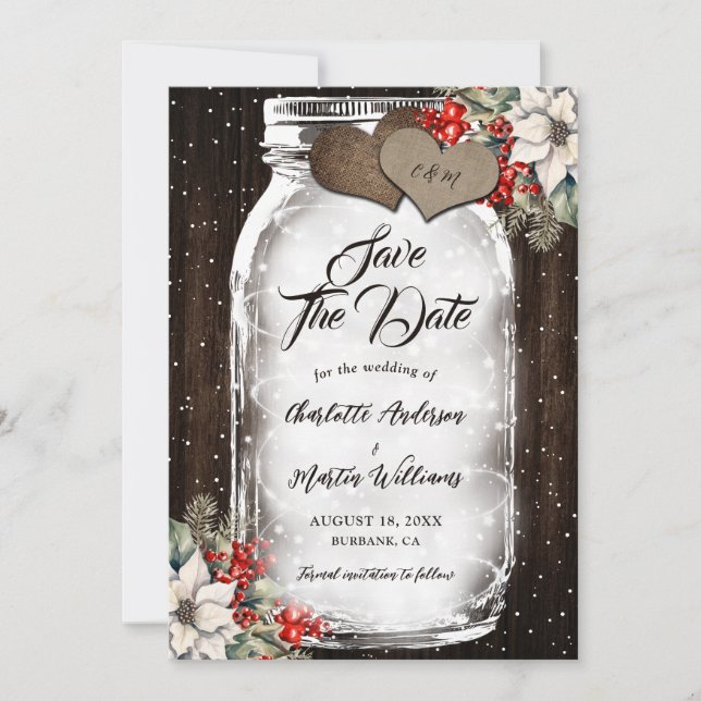 Save The Date Rustic Wood Holly Berries Mason Jar Winter Wedding (Devant)