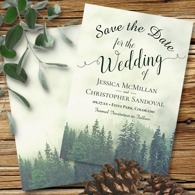 Save The Date Rustic Woods Green Mountain Pine Trees Mariage (Créateur téléchargé)