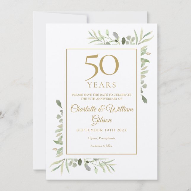 Save The Date Rustique 50e Anniversaire Mariage d'or verdure (Devant)
