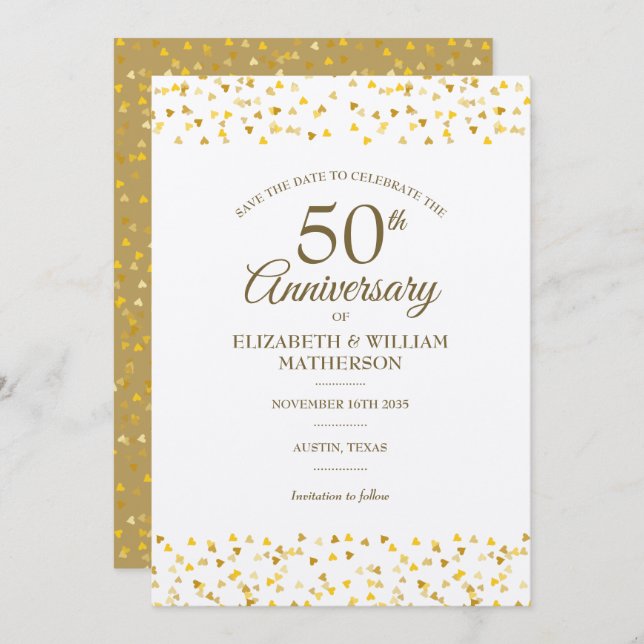 Save The Date Rustique 50ème anniversaire Mariage Coeurs d'or (Devant / Derrière)