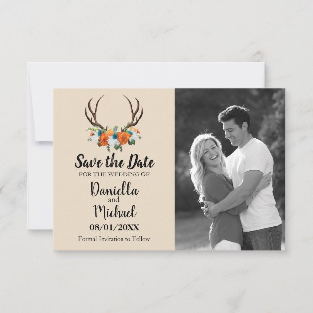 Save The Date Rustique Antlers Floral Mariage (Devant)