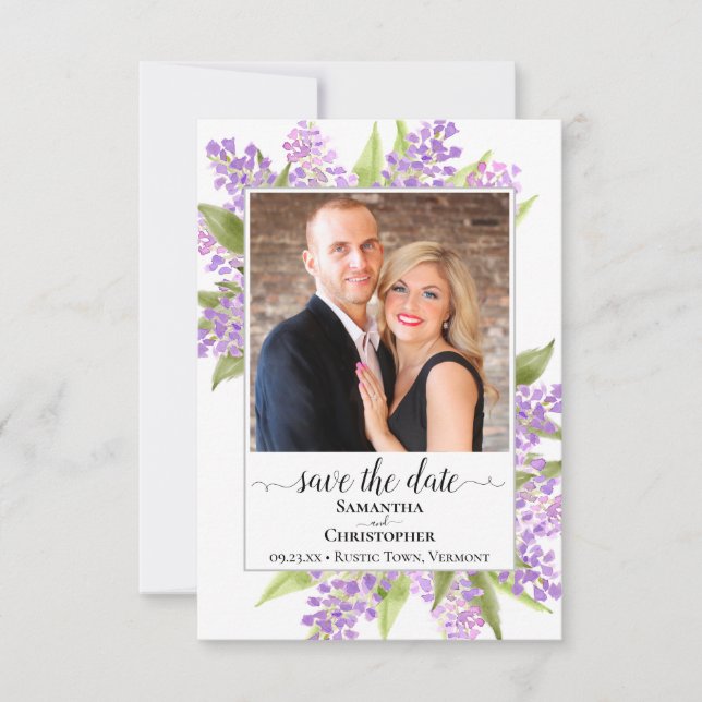 Save The Date Rustique Aquarelle Lilacs & Photo Mariage simple (Devant)
