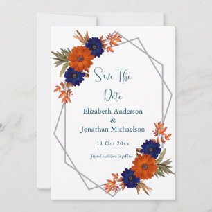 Save The Date Rustique Automne Orange Navy Bleu Floral Mariage