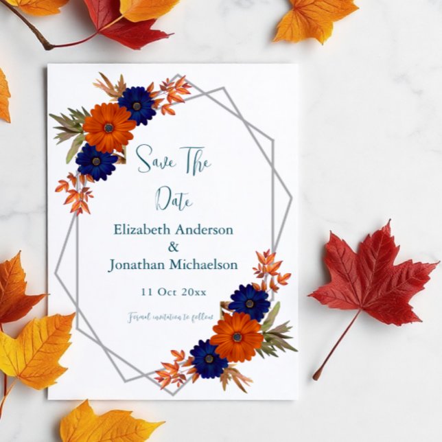 Save The Date Rustique Automne Orange Navy Bleu Floral Mariage (Créateur téléchargé)