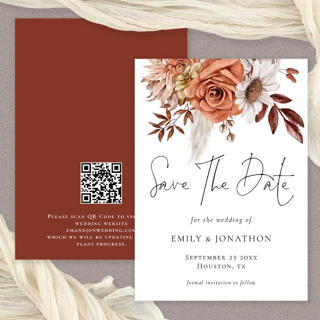 Save The Date Rustique Automne Terracotta Florals QR Code Mariag (Available digitally or printed)