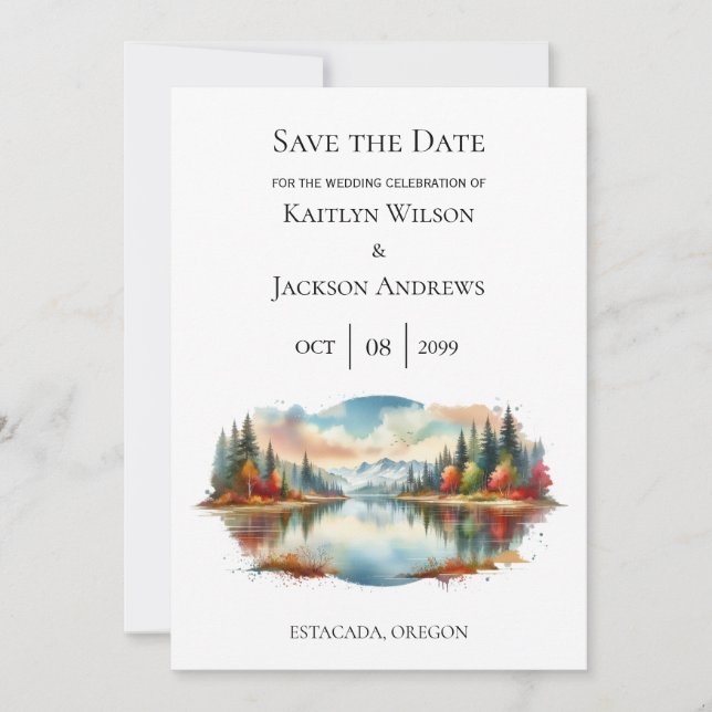 Save The Date Rustique Autumn Lakeside Mariage forestier (Devant)