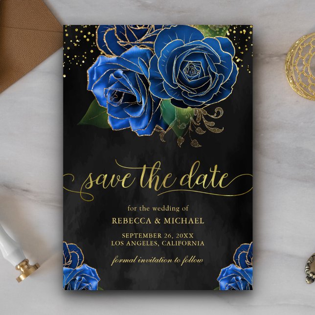 Save The Date Rustique Black Gold Royal Blue Floral Mariage (Créateur téléchargé)