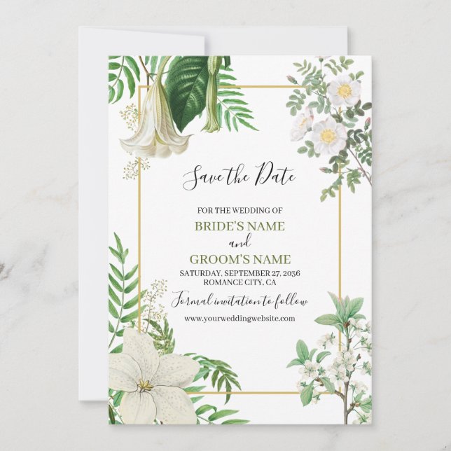 Save The Date Rustique blanc vert aquarelle Mariage or Floral (Devant)