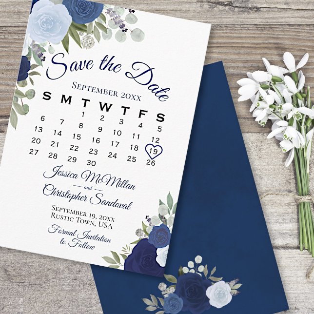 Save The Date Rustique bleu floral élégant Boho Mariage Calendri (Front/Back)