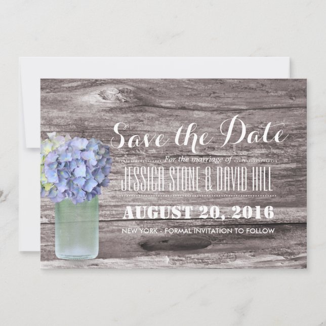 Save The Date Rustique Blue Hydrangea Mason Jar Bois Enregistrer (Devant)