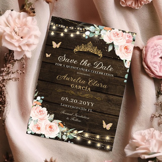 Save The Date Rustique Blush Floral Enchanted Forest Quinceañera (enchanted forest wood background fairy lights butterflies blush floral quinceanera save the date)