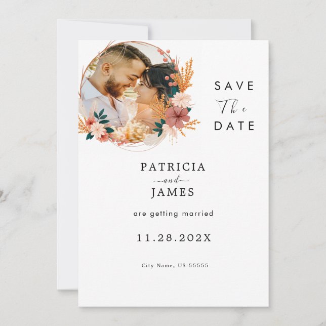 Save The Date Rustique Boho Fleur sauvage | Mariage personnalisé (Devant)
