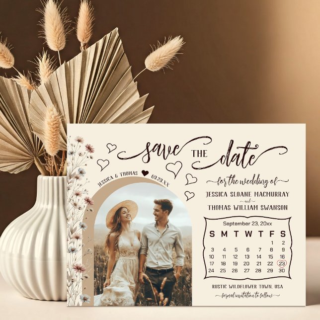 Save The Date Rustique Boho Fleur sauvage Photo & Calendrier Mar (Créateur téléchargé)