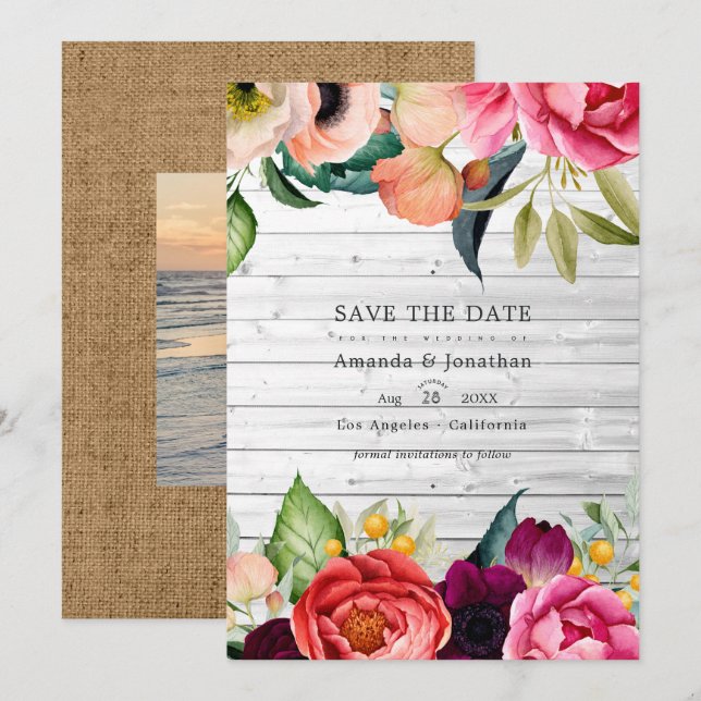 Save The Date Rustique Boho Floral Mariage Bohème Photo Enregist (Devant / Derrière)