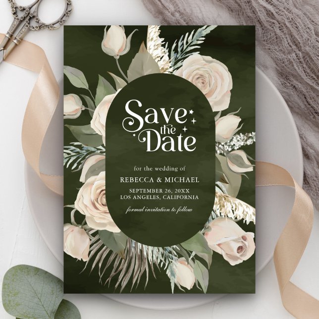 Save The Date Rustique Boho Ivoire Roses Dark Sage Mariage (Créateur téléchargé)