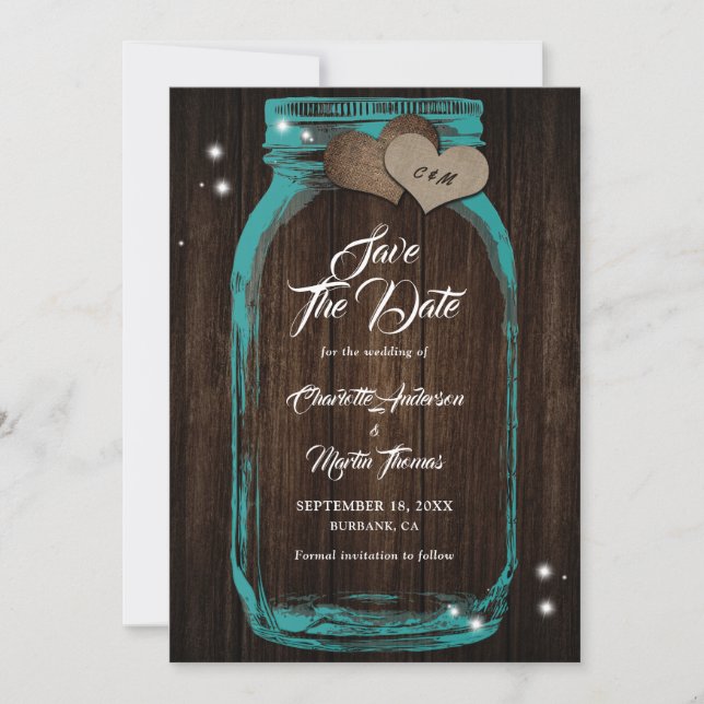 Save The Date Rustique bois Turquoise Mason Jar Mariage (Devant)