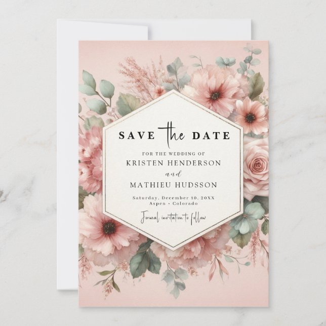 Save The Date Rustique Botanique rose Mariage Floral (Devant)