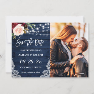 Save The Date Rustique Bourgogne Bleu Lumières à cordes Mariage