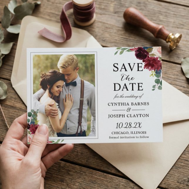 Save The Date Rustique Bourgogne Rouge Floral Classic Mariage Ph (Créateur téléchargé)