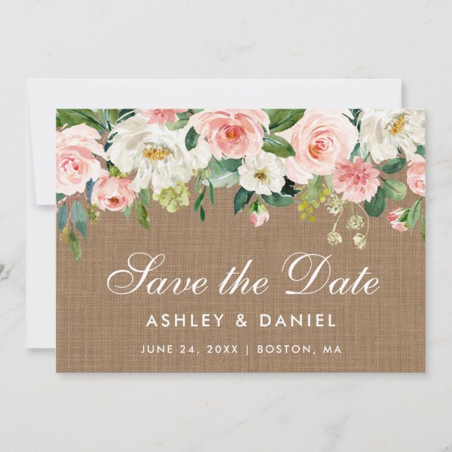 Save The Date Rustique Burlap Rose Blanc Floral Enregistrer La C (Devant)