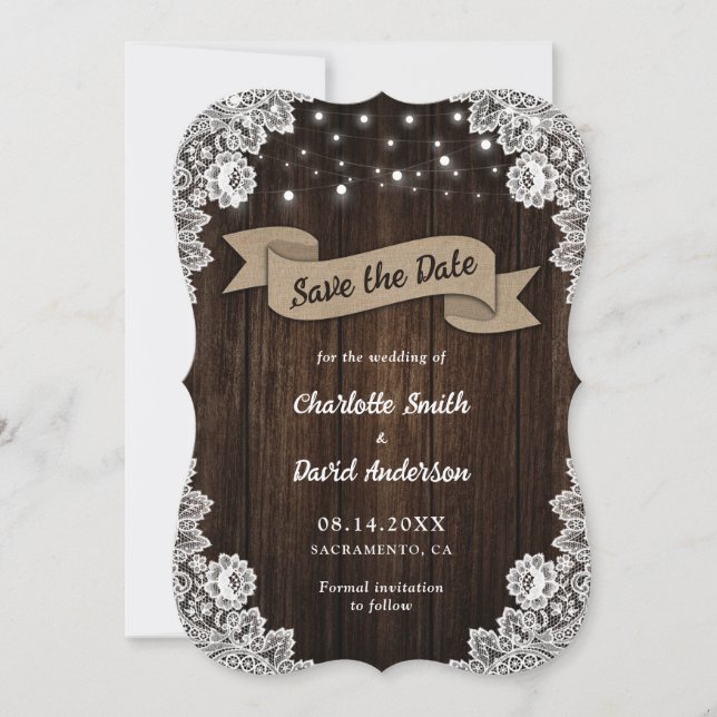 Save The Date Rustique Chic Mariage de dentelle en bois Burlap (Devant)