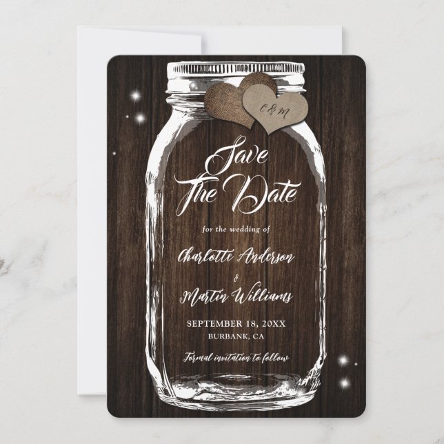 Save The Date Rustique Country Mason Jar Mariage bois (Devant)