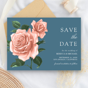 Save The Date Rustique Dusty Blue Peach Rose Mariage