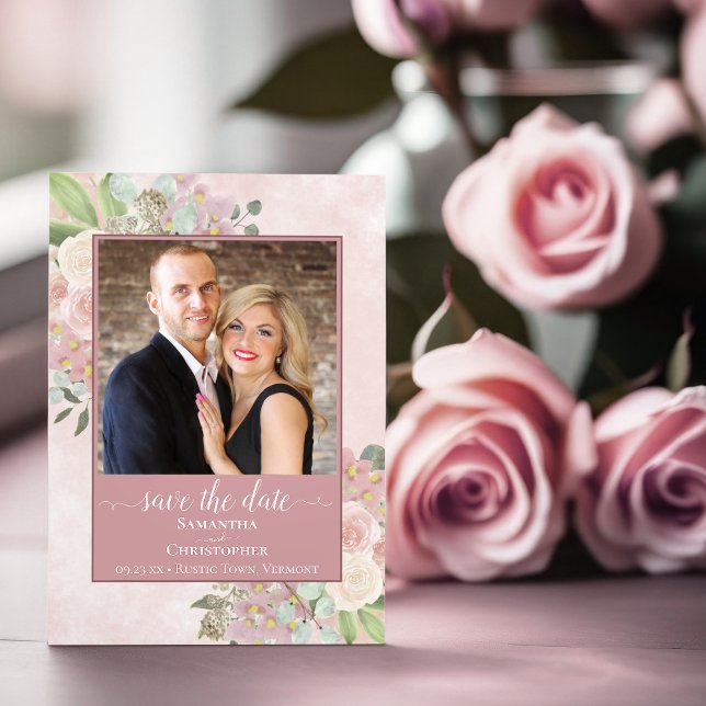 Save The Date Rustique Dusty Rose Spring Floral Mariage Photo (Créateur téléchargé)