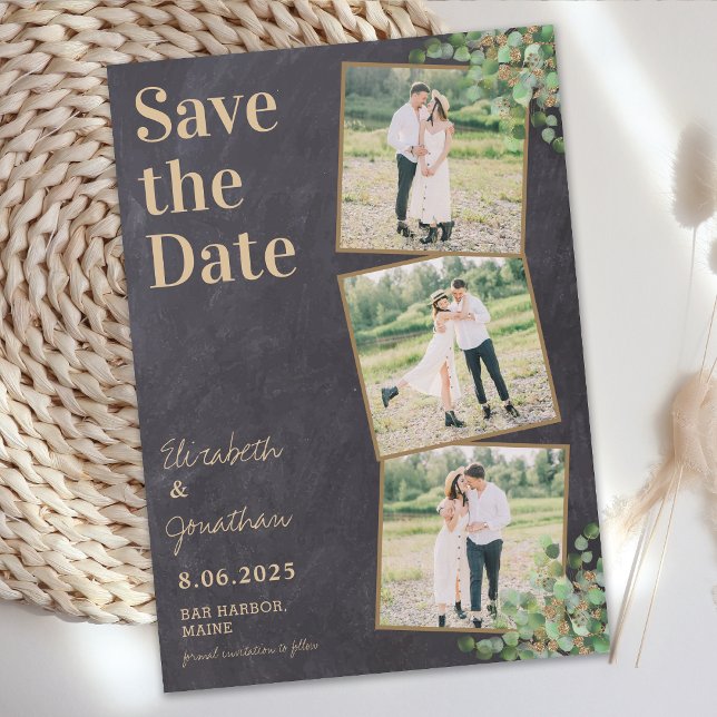 Save The Date Rustique Élégant Vert Personnalisé 3 Photo Collage (Créateur téléchargé)