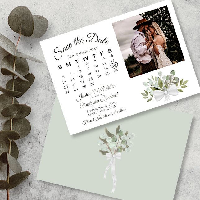 Save The Date Rustique Eucalyptus Calendrier de la verdure Maria (Front and Back)