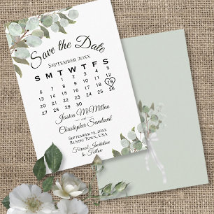 Save The Date Rustique Eucalyptus Calendrier vert Mariage blanc