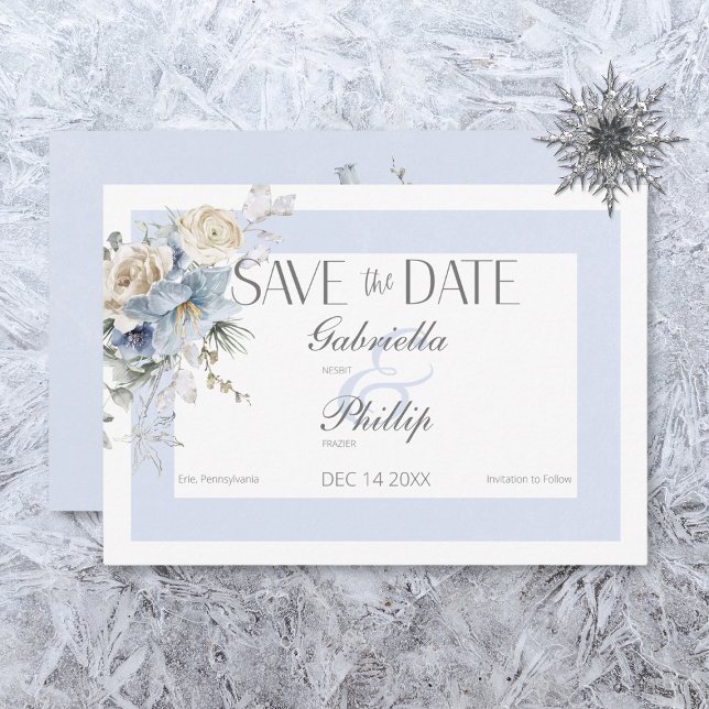 Save The Date Rustique Floral Bleu et Blanc de l'Hiver Givré (Créateur téléchargé)