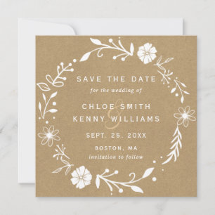 Save The Date Rustique Floral Botanique Wreath Faux Kraft Carré