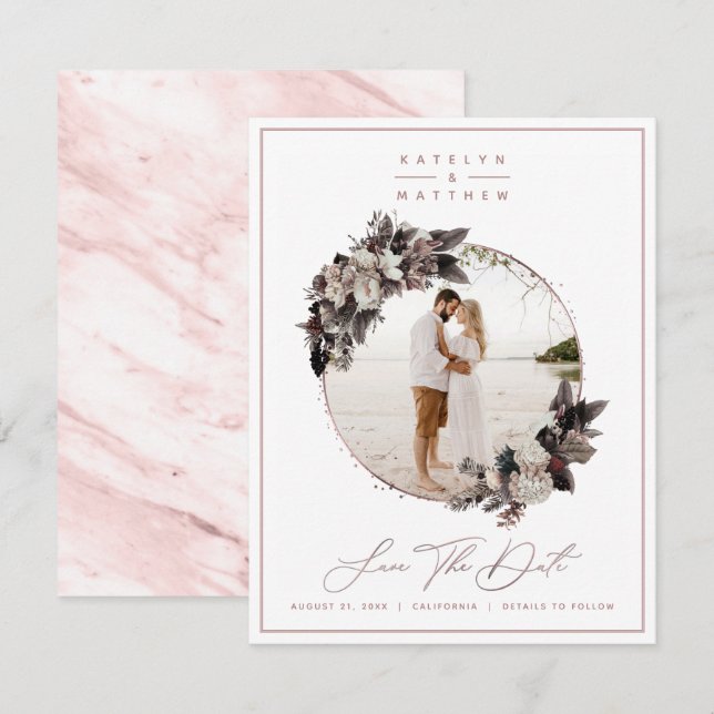 Save The Date Rustique Floral Rose Gold encadré Photo & Calligra (Devant / Derrière)