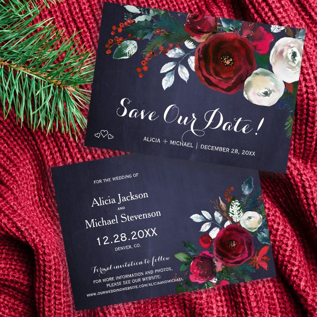 Save The Date Rustique hiver aquarelle rouge pivoines mariage (Créateur téléchargé)