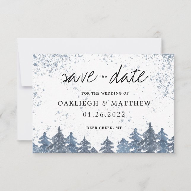 Save The Date Rustique Hiver Bleu Clair Forêt Enregistrer la Dat (Devant)