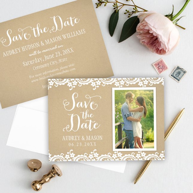 Save The Date Rustique Kraft et dentelle photo Mariage (Créateur téléchargé)