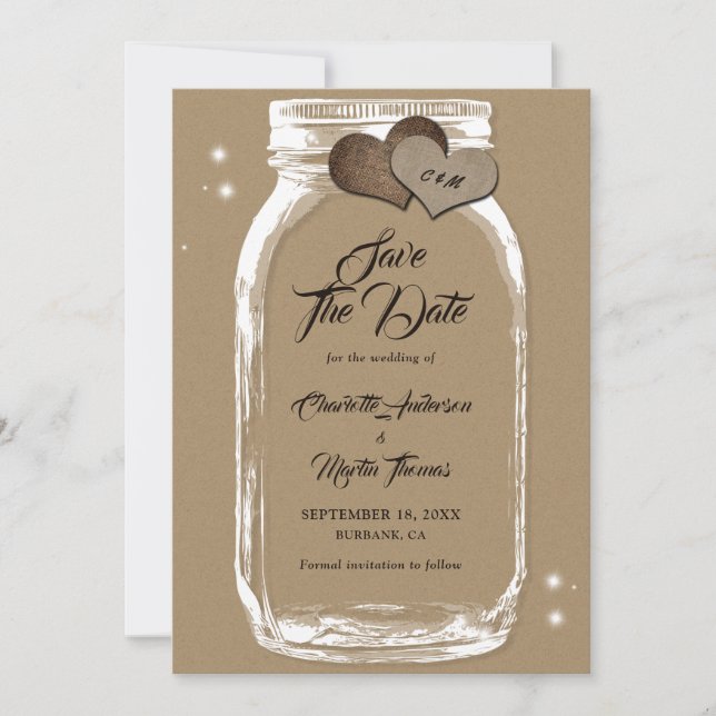 Save The Date Rustique Kraft papier Mason Jar Mariage (Devant)
