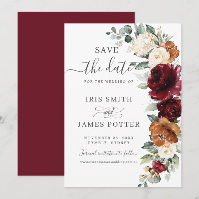 Save The Date Rustique mariage floral Bourgogne Brûlé Orange Ivo (Devant / Derrière)
