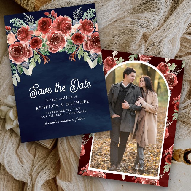 Save The Date Rustique Marsala Floral Photo Marine Mariage bleu (Créateur téléchargé)