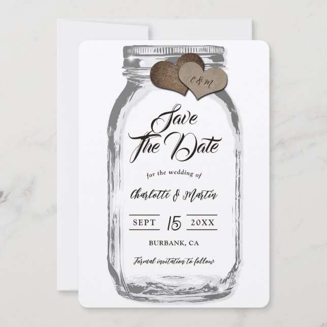 Save The Date Rustique Mason Jar Bois Burlap Coeurs Kraft Mariag (Devant)