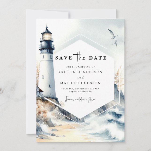 Save The Date Rustique minimaliste Mariage phare océanique (Devant)