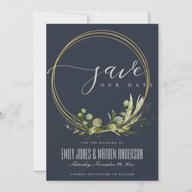 SAVE THE DATE RUSTIQUE NAVY FEUILLES VERTES FEUILLAGE DORÉ AQUAR (Devant)