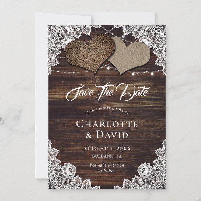 Save The Date Rustique Pays Bois Burlap Mariage dentelle (Devant)