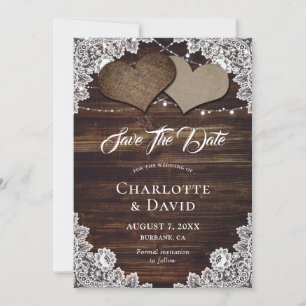 Save The Date Rustique Pays Bois Burlap Mariage dentelle