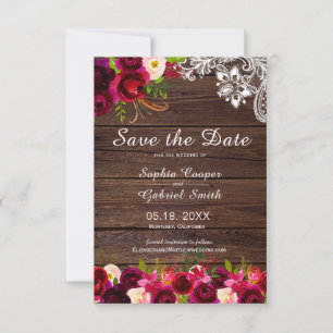 Save The Date Rustique Pays Bourgogne Floral Dentelle en bois