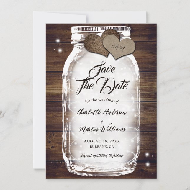 Save The Date Rustique Pays Lumières bois Mason Jar Mariage (Devant)