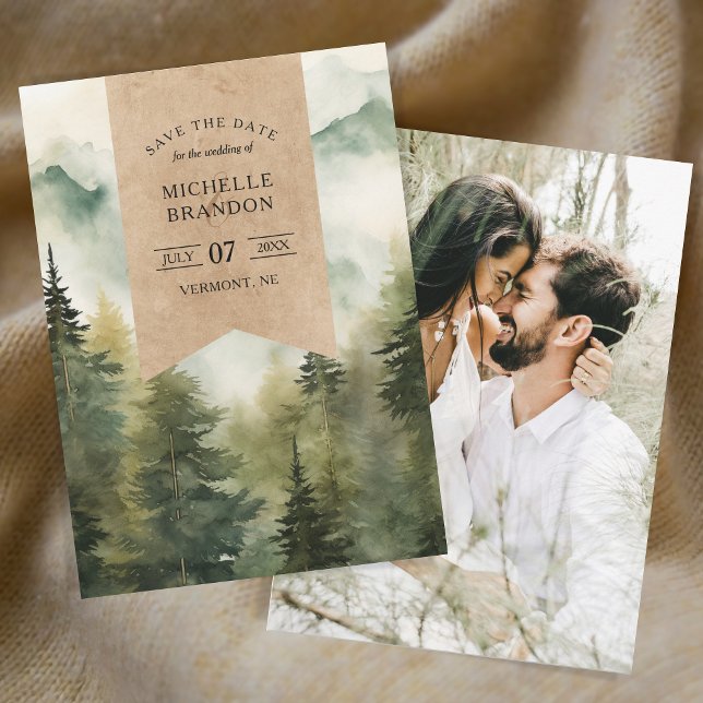 Save The Date Rustique Pine Tree Mountain Nature Adventure Photo (foggy mountains watercolor)