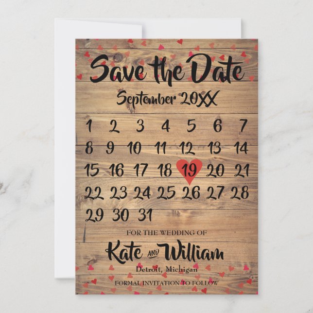 Save The Date Rustique Ruby Red Love Heart Calendrier Enregistre (Devant)